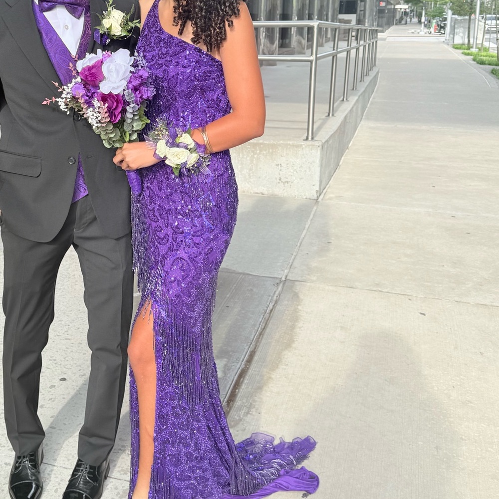 Purple Lace One-Shoulder Prom Gown (beads and sparkles)